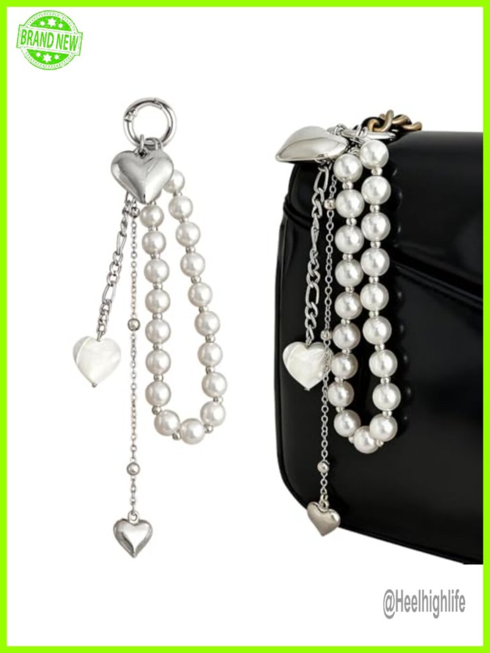Pearl Beaded Keychain Silver Heart Tassel Bag Charm Alloy Keyring